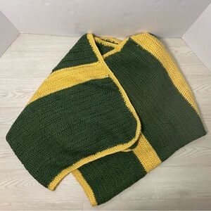 Handmade Vintage Afghan Blanket Green and Yellow Thick Striped Pattern 35x56in